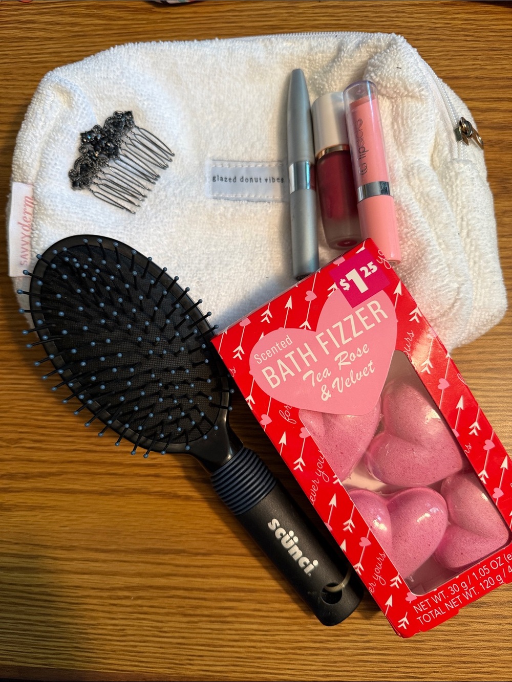 Glazed Donut Vibes Tea Rose & Velvet Bath Fizzers w hair brush w 3 lip sticks